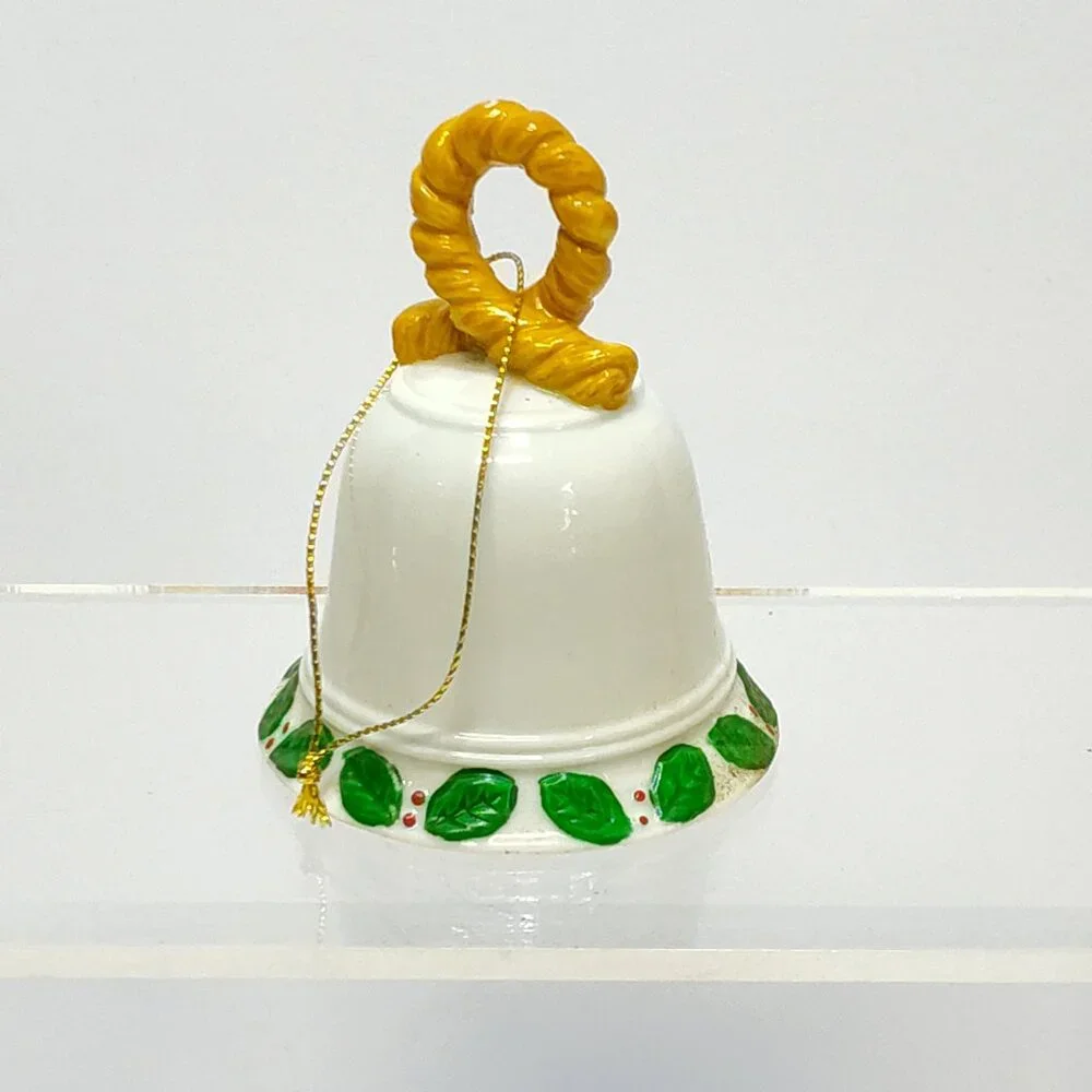 Christmas Ceramic Bell Ornament w/ Teddy Bear Clapper Holiday Design Circa 1980s